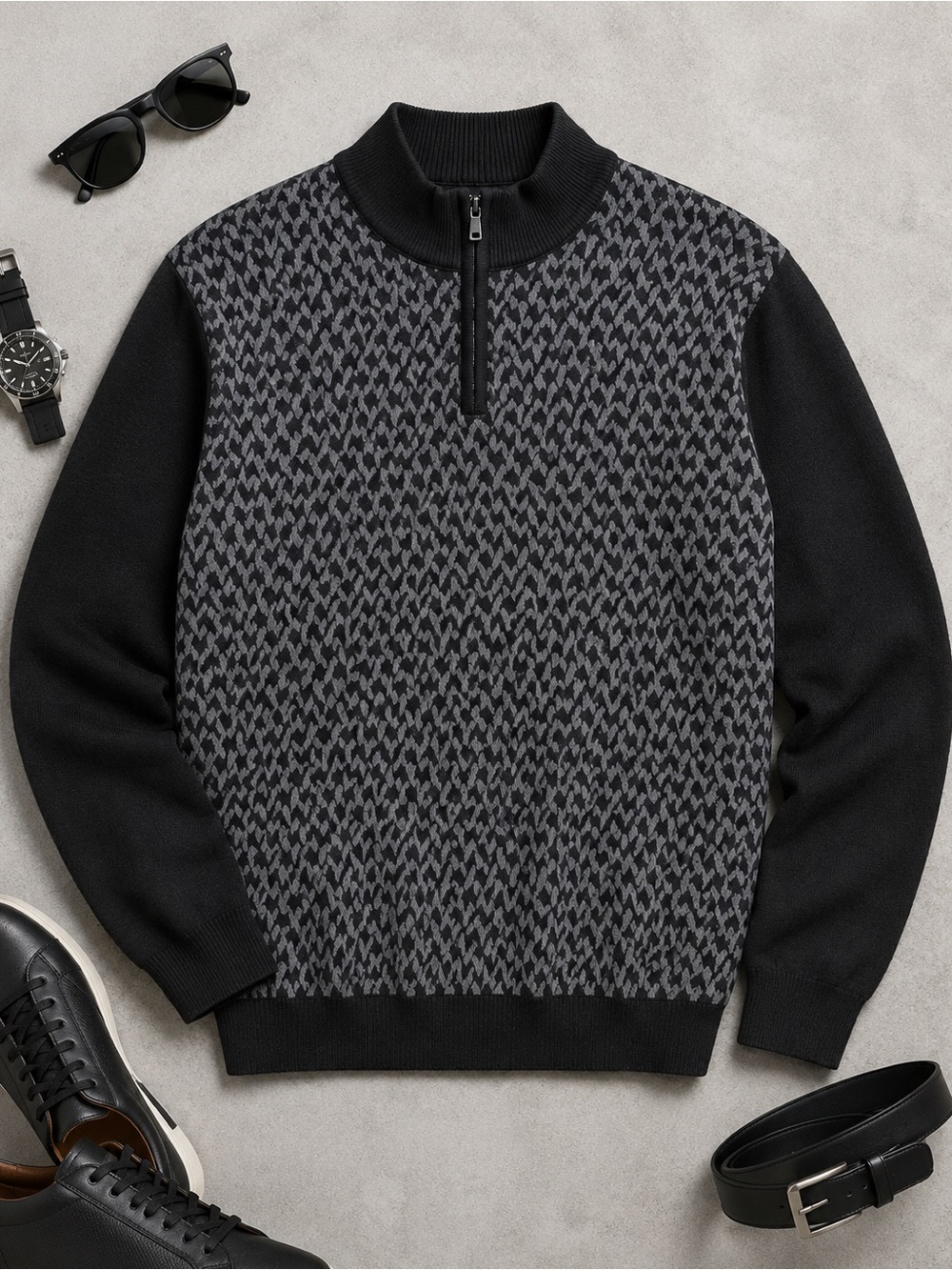 Omega Black & Gray Zip-Front Patterned Men's Sweater